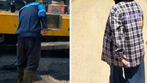 Photo. Proses pengaspalqn (kanan), Perempuan asal Desa Buntalo saat mengekspresikan kebahagiaanya saat memyaksikan proses pengaspalan jalan Bunato _Bumbung.