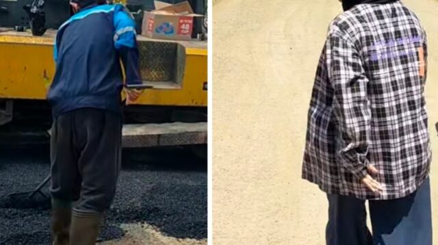 Photo. Proses pengaspalqn (kanan), Perempuan asal Desa Buntalo saat mengekspresikan kebahagiaanya saat memyaksikan proses pengaspalan jalan Bunato _Bumbung.