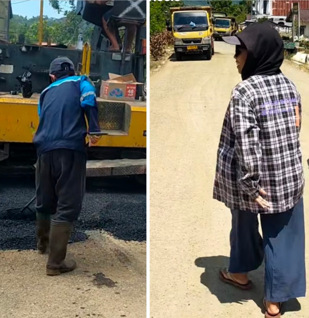 Photo. Proses pengaspalqn (kanan), Perempuan asal Desa Buntalo saat mengekspresikan kebahagiaanya saat memyaksikan proses pengaspalan jalan Bunato _Bumbung.